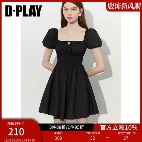 DPLAY秋法式经典黑系带蝴蝶结高腰抽褶显瘦挂脖连衣裙小黑裙商品大图