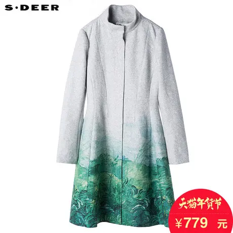 sdeer圣迪奥女装2017冬装渐变绿意印花长外套羊毛呢大衣S16481790图片