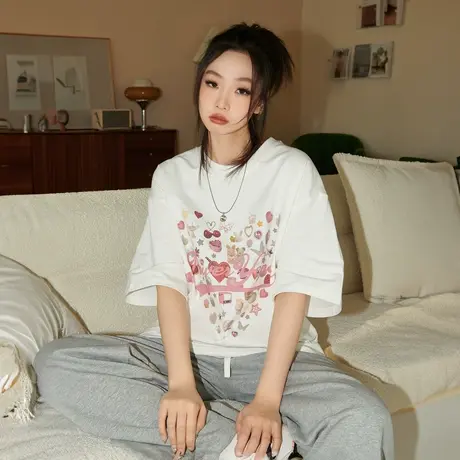 YEP爱心卡通印花短袖t恤女夏季2025新款纯棉复古宽松oversize上衣商品大图
