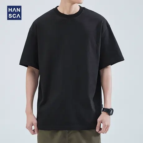 hansca 280g重磅短袖t恤男宽松纯棉夏季休闲圆领纯色情侣半袖上衣商品大图