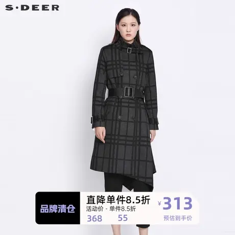 sdeer圣迪奥女装立领双排扣格纹收腰不规则长款风衣S21381818图片