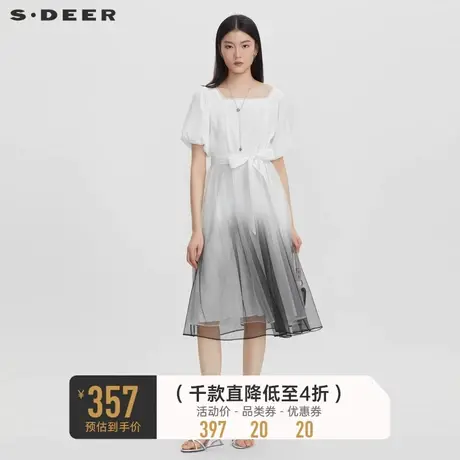 sdeer圣迪奥女装方领收腰撞色网纱泡泡袖连衣裙S232Z1275🚺商品大图