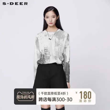 sdeer圣迪奥女装春秋装时尚圆领字母印花轻薄长袖T恤S21380210图片