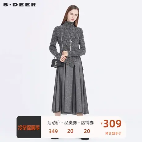 sdeer圣迪奥冬季高领格纹网纱吊带连衣裙两件套毛衣S20463504图片