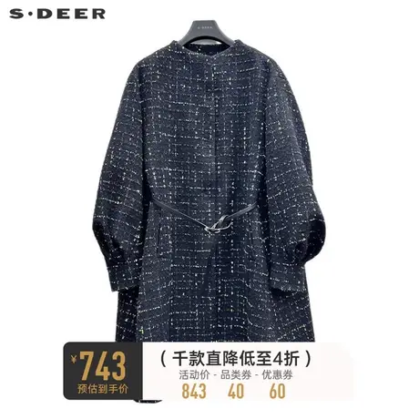 sdeer圣迪奥女装圆领格纹收腰呢子长款大衣S224Z2595图片