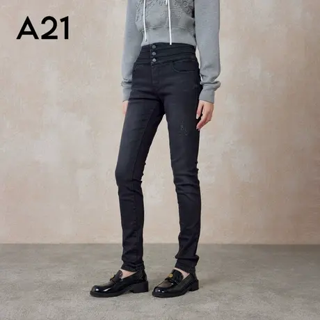 A21女装修身绒底高腰窄脚牛仔长裤春秋季深色紧身显瘦显高小脚裤商品大图