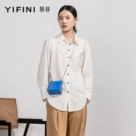 Yifini/易菲纯棉宽松中长款衬衫女秋新长袖白色衬衣女士上衣商品大图