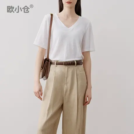 欧小仓 ins博主轻薄垂感V领T恤舒爽不粘腻亚麻短袖体恤图片