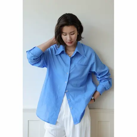 弥古蓝色苎麻衬衫外套女2025新款夏季宽松法式防晒衬衣多巴胺上衣商品大图