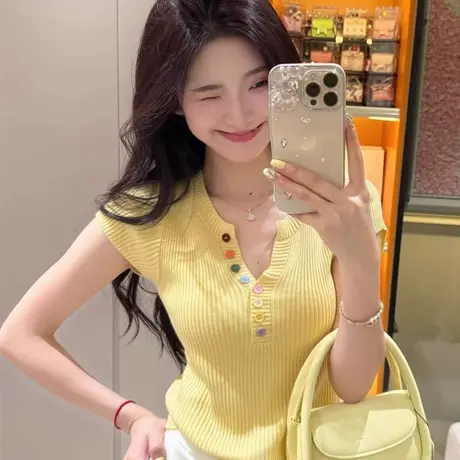 多巴胺v领针织正肩短袖T恤女夏季设计感小众显瘦独特漂亮掐腰上衣图片