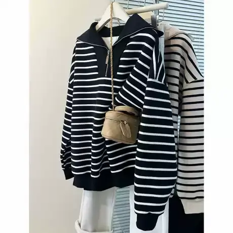 复古chic港味半拉链Polo翻领条纹卫衣女春秋薄款宽松百搭韩版上衣图片