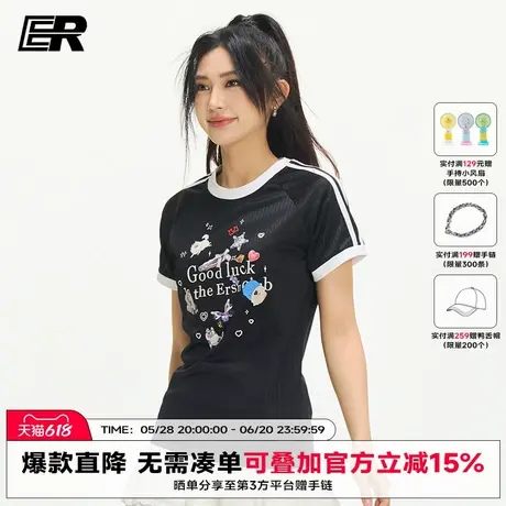ER萌宠印花短袖T恤2025夏季美式休闲圆领修身百搭正肩上衣女款图片