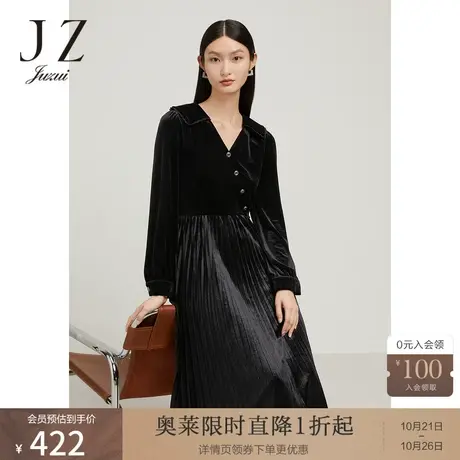 JZ玖姿复古双色丝绒连衣裙女装2022秋季新款气质收腰优雅百褶裙子商品大图