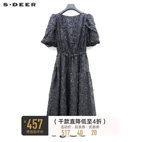 sdeer圣迪奥女装圆领肌理泡泡袖收腰网纱连衣裙S223Z12C1🙆商品大图