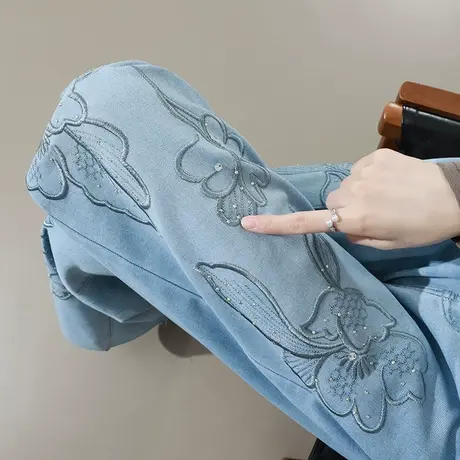 莱赛尔天丝烫钻刺绣绣花阔腿牛仔裤女夏季薄款高腰宽松垂感拖地裤商品大图