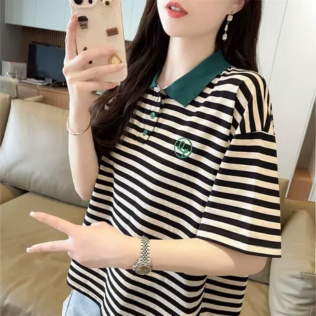 polo领短袖t恤女夏季韩版宽松大码女装设计感小众条纹假两件上衣图片