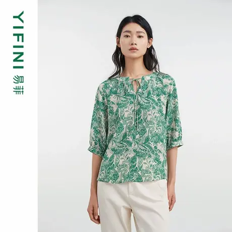 [专柜同款]Yifini/易菲100真丝桑蚕丝印花绑带领宽松短款小衫上衣商品大图