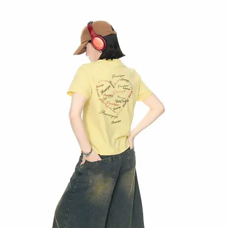 2025新款正肩短袖T恤女夏季潮牌心形印花街头风潮流短款半袖上衣商品大图