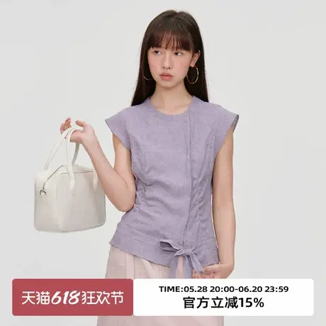 omont蛋挞家复古亚麻混纺小飞袖短袖衬衫2025夏气质修身显瘦上衣商品大图