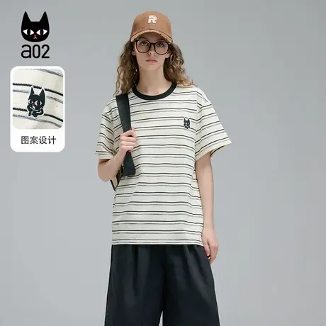 a02a02波点条纹短袖T恤女2025新款夏季圆领宽松夏装设计感上衣图片