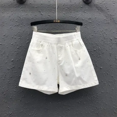 欧货高腰阔腿裤女25夏季新款白色重工烫钻松紧腰宽松百搭牛仔短裤商品大图