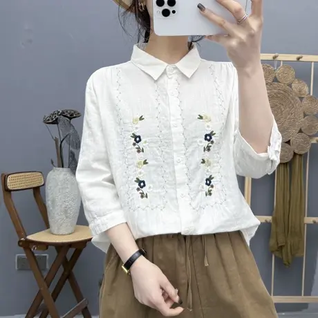 夏季文艺双层棉纱刺绣花中袖女士衬衫宽松百搭休闲防晒七分袖上衣商品大图