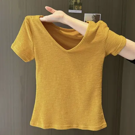 纯欲性感V领正肩短袖T恤女夏季2025新款修身韩版肌理感短款上衣服商品大图