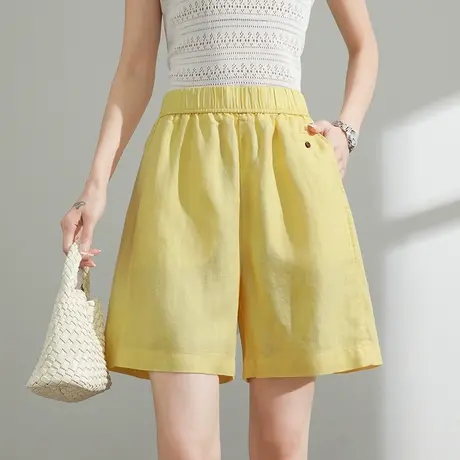 莱赛尔天丝亚麻休闲短裤女夏季薄款高腰宽松棉麻松紧腰阔腿五分裤商品大图