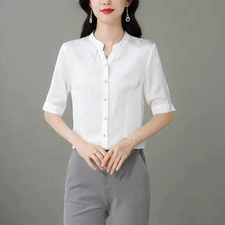 高级感中袖白色衬衫女夏季2025新款职业立领正装休闲重磅真丝衬衣商品大图