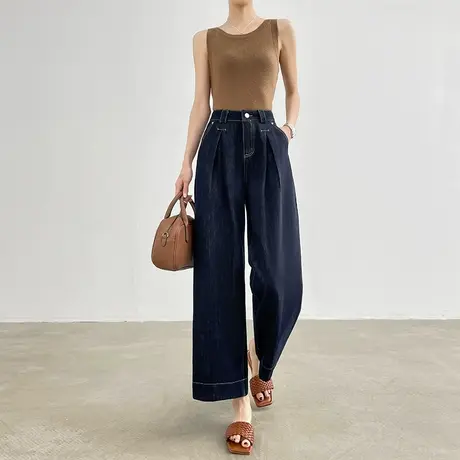 丹宁蓝阔腿牛仔裤女夏季薄款高腰宽松显瘦九分小个子卷边直筒裤子商品大图