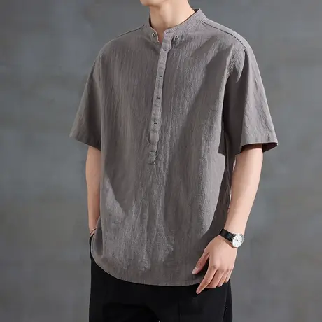 薄款亚麻短袖衬衫男夏季新款男生宽松亨利领休闲衬衣男士t恤男装商品大图