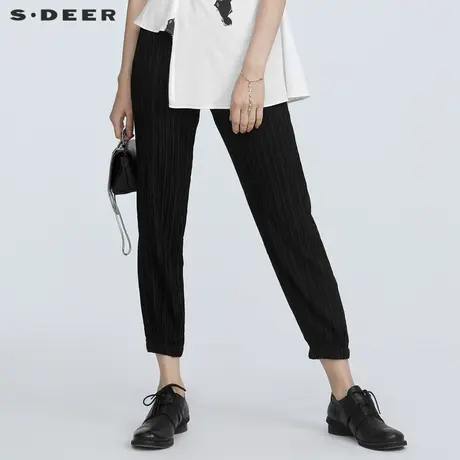 sdeer圣迪奥夏松紧抽绳肌理褶皱休闲黑色长裤女S21260825商品大图