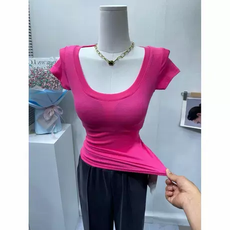 颜色美炸了~巨显身材修身显胸大短袖T恤女薄款纯棉圆领体恤上衣夏商品大图