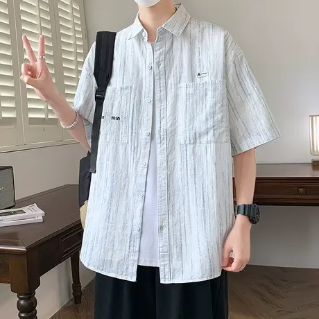 高级感衬衫100%纯棉短袖男2025夏季蓝色扎染半袖衬衣休闲帅气寸衫图片