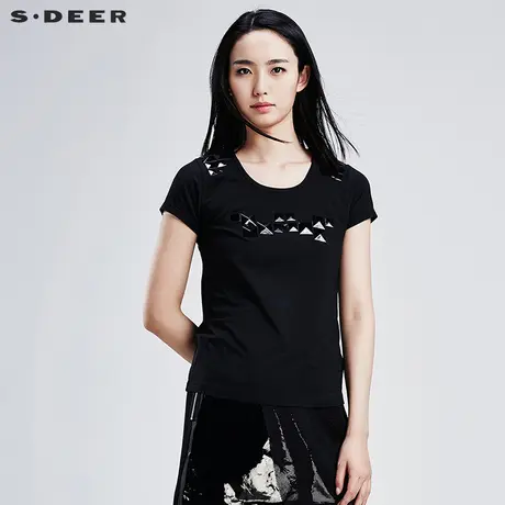 s.deer【新品】圣迪奥简约金属铆钉装饰短袖T恤S16280132图片