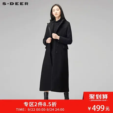 sdeer圣迪奥2018冬装酷黑简约帅气占领工装长款毛呢大衣S17481881图片