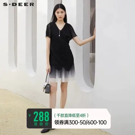 sdeer圣迪奥女装夏装v领设计感褶皱短袖黑色连衣裙S223Z12G1🚿商品大图