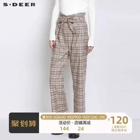 sdeer圣迪奥女装复古时尚系带撞色格纹直筒长裤S21360832图片