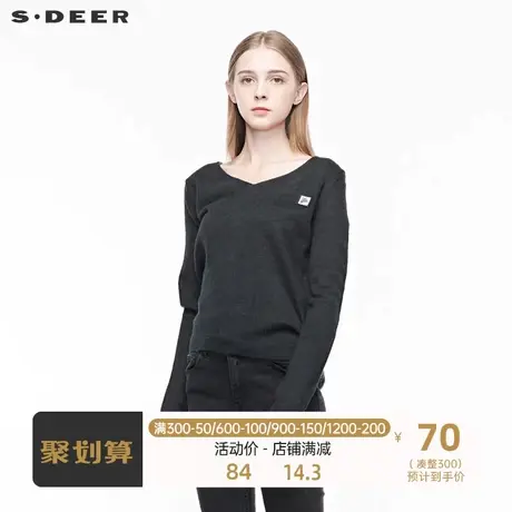 sdeer圣迪奥女装时尚休闲V领创意拼接字母贴布长袖毛衣S191A3547🐌图片