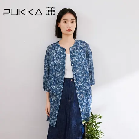 蒲PUKKA 春夏季新品复古苎麻印花刺绣七分袖衬衫商品大图
