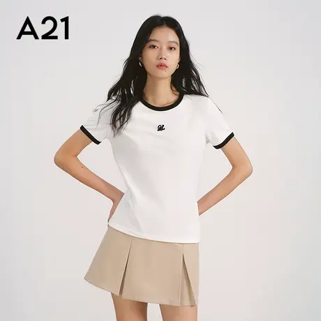 女装米白色撞色圆领T恤图片