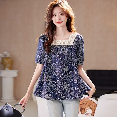 宝诗黎方领印花棉质短袖衬衫女2025夏季韩系时尚休闲百搭洋气衬衣图片