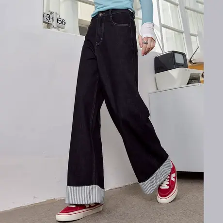 a02复古高腰撞色条纹拼接设计阔腿裤2025春季休闲宽松女式牛仔裤图片