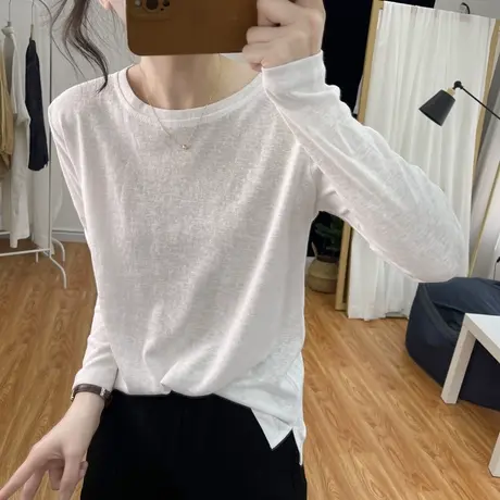 圆领纯色长袖T恤女内搭上衣韩国棉麻打底衫黑色洋气亚麻宽松显瘦图片