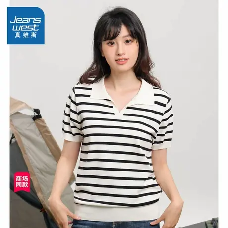 JW真维斯2024夏季新款女士百搭翻领女装套头衫休闲短袖T恤上衣潮商品大图
