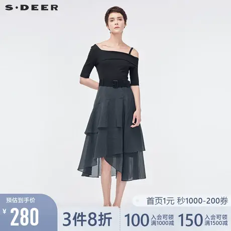 sdeer圣迪奥夏季不对称露肩荷叶边拼接收腰显瘦连衣裙女S19281270商品大图