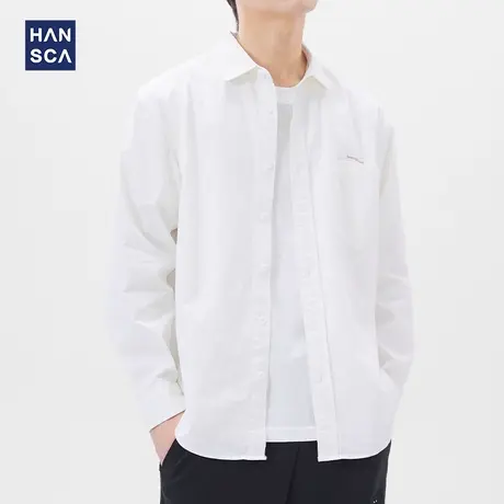 汉斯卡纯棉衬衫男长袖春季纯色翻领宽松潮流韩版休闲帅气工装外套商品大图