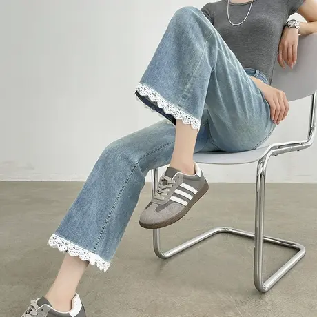 蕾丝花边微喇牛仔裤女夏季薄款高腰显瘦百搭蓝色九分拼接喇叭裤子图片