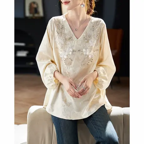宝诗黎V领亮丝提花长袖雪纺衫2025春季重工钉钻拼接气质宽松衬衣商品大图