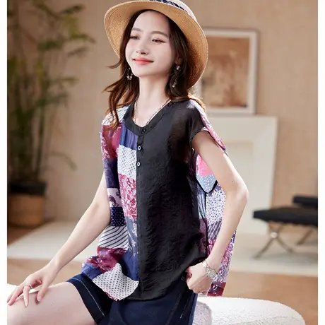 宝诗黎【新品价128元】圆领蝙蝠袖印花衬衫LE1003商品大图